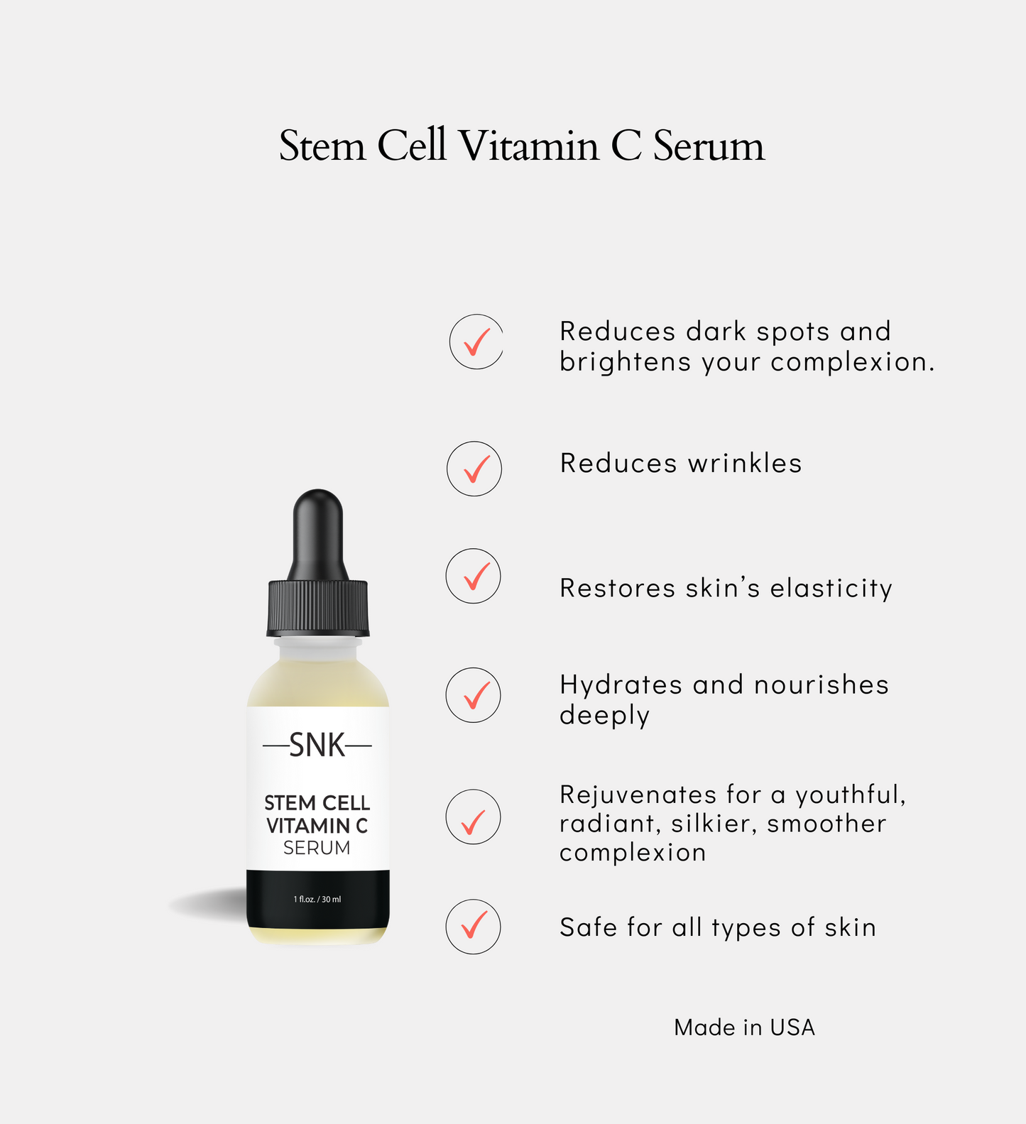 SNK Stem Cell Vitamin C Serum, 1 fl.oz./30 ml,  Made in USA